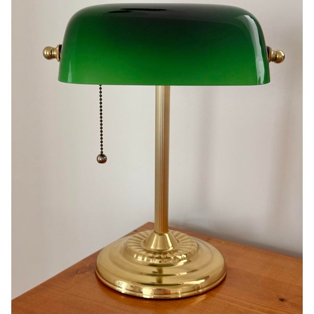 Mid 20th Century Art Deco Emeraldite Shade Brass Banker Lamp With Ball Pull For Sale - Image 10 of 11