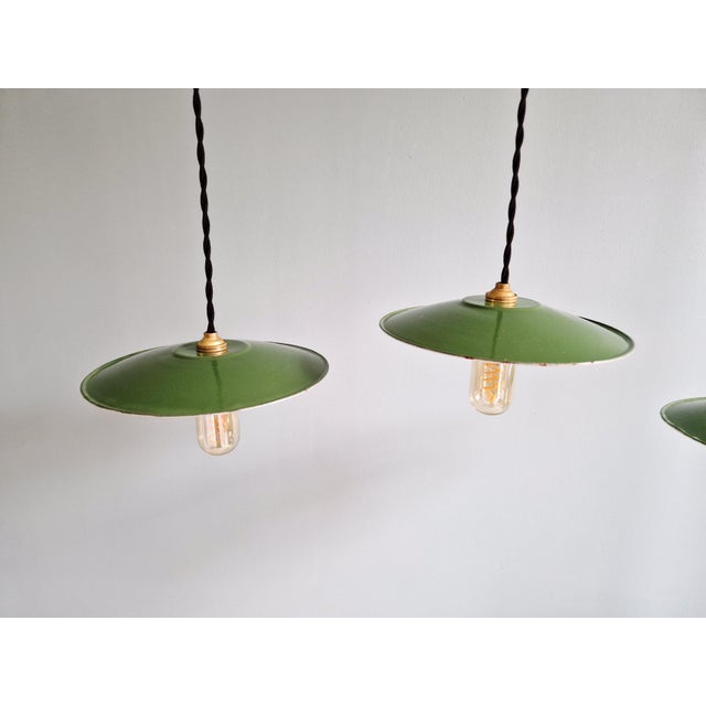 Industrial Pendant Lights in Green Enameled Sheet Metal, 1940s, Set of 3 For Sale - Image 6 of 16