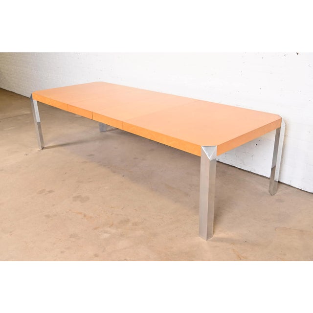 Mid-Century Modern Baker Furniture Mid-Century Modern Birdseye Maple and Chrome Extension Dining Table, Newly Refinished For Sale - Image 3 of 13