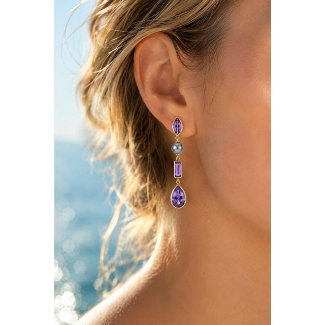 Not Yet Made - Made To Order Amethyst & Pearl Drop Earrings Studs, Silver, Gold, Pair For Sale - Image 5 of 8