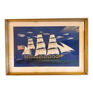 Vintage 1967 Handmade Embroidered Ship Framed Textile Art For Sale
