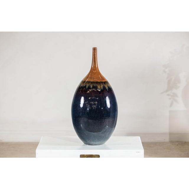 Large Artisan Ceramic Vase in Midnight Blue with Brown Tapered Neck For Sale - Image 13 of 18