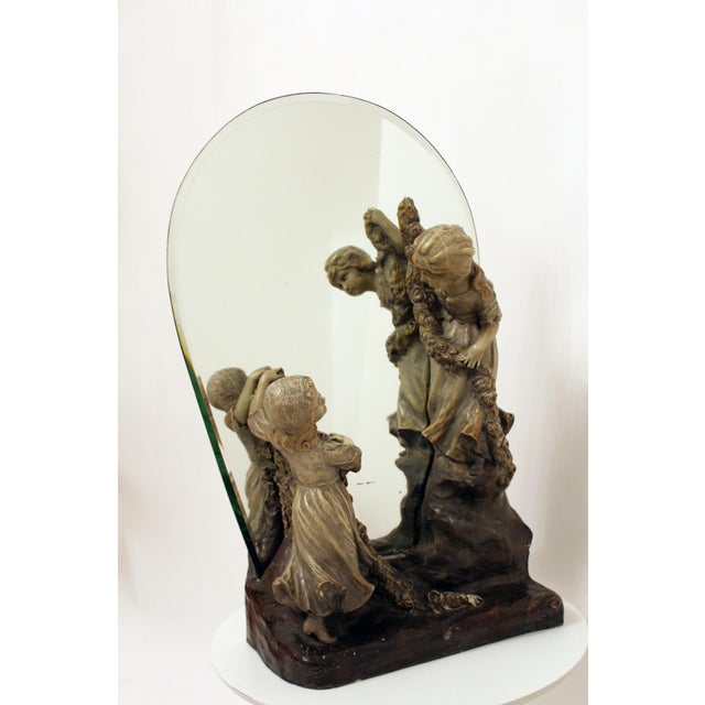 Glass Antique Mirror with Figurines from Goldscheider, 1890s For Sale - Image 7 of 17