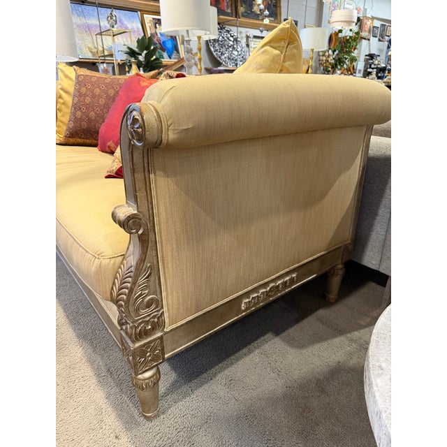 Traditional Empire Style Gold Trim Sofa With Five Pillows For Sale - Image 3 of 5