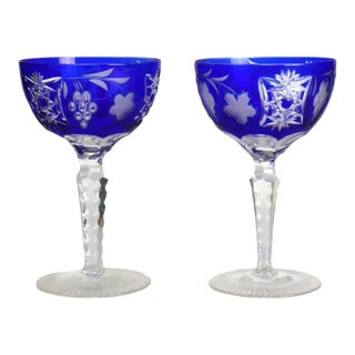 Antique Bohemian Cobalt Blue Floral & Grape Cut to Clear Crystal Wine Goblets - a Pair For Sale