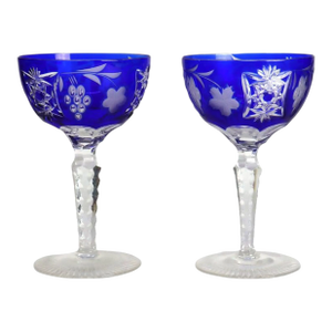Antique Bohemian Cobalt Blue Floral & Grape Cut to Clear Crystal Wine Goblets - a Pair