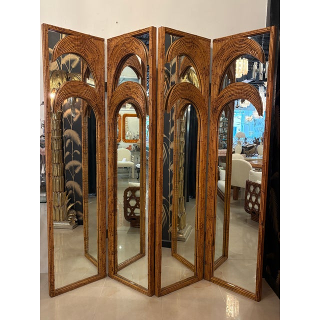 Hollywood Regency 1970s Vivai Del Sud Bamboo Pencil Reed Palm Tree Screen Mirrors Panels Dividers For Sale - Image 3 of 12