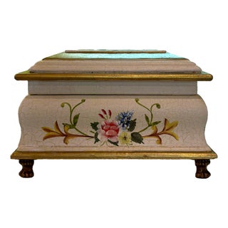 Vintage Crackle Hand Painted Floral Keepsake Box With Velvet Lining For Sale