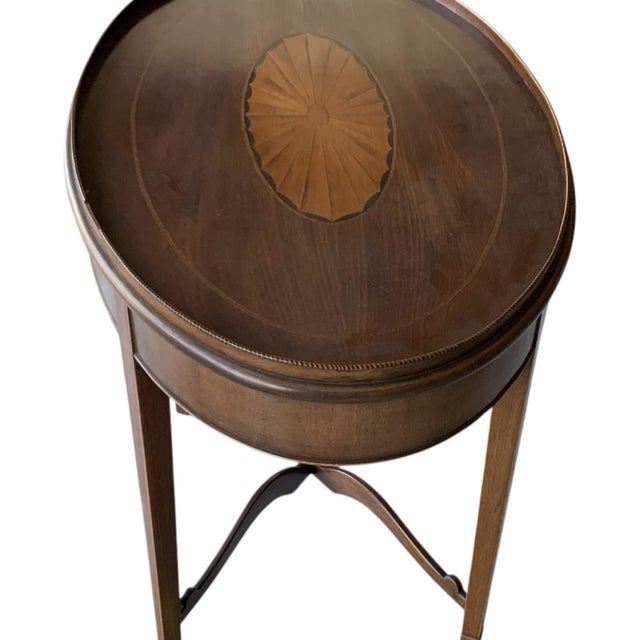 Antique English Edwardian Mahogany & Satinwood Marquetry Oval Occasional Table England C. 1900 For Sale In Palm Springs - Image 6 of 11
