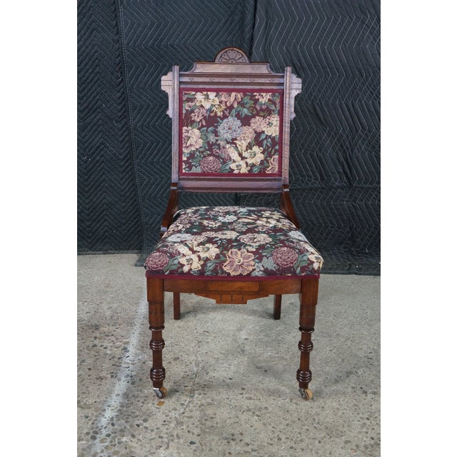 Antique Victorian Eastlake Walnut Burl Carved Parlor Chair Tapestry Fabric For Sale - Image 4 of 18