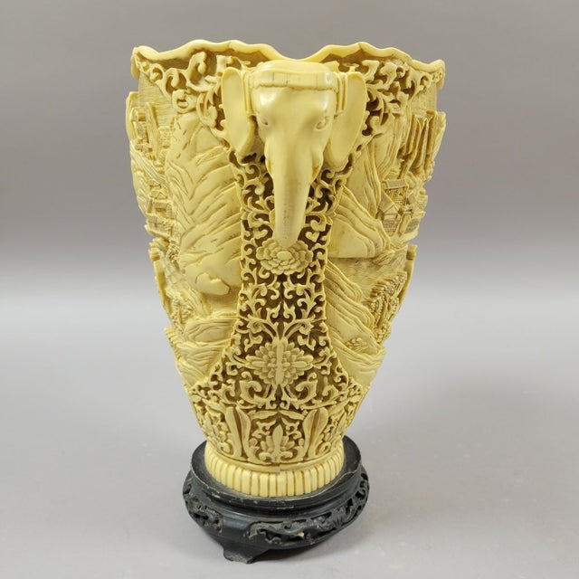 Chinoiserie Hollywood Regency Chinoiserie Carved Italian Faux Ivory Vase With Elephant Handles For Sale - Image 3 of 10