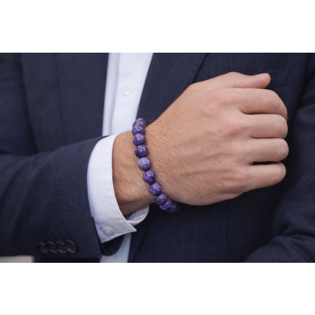 Charoite Beaded Stretch Bracelet by Noblesse Oblige Studio, 9" For Sale - Image 10 of 10