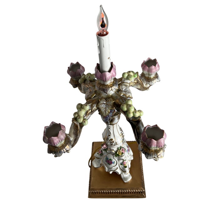 Dresden Porcelain MId-Century Dresden Porcelain Floral Fruit Candelabra Table Lamp For Sale - Image 4 of 15