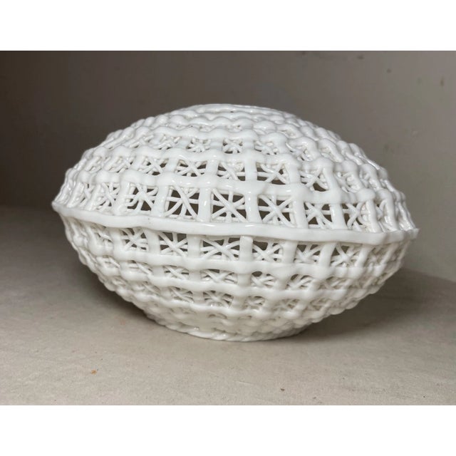 Antique Handmade Chinese White Basket Woven Porcelain Bowl Centerpiece Vase For Sale - Image 4 of 11