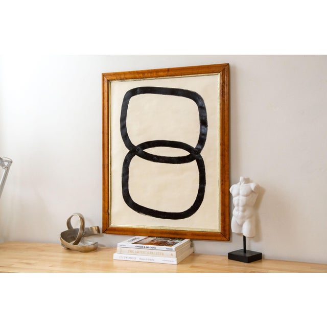 Mid-Century Modern Large Original Black and White Abstract Painting in Antique Birds Eye Maple Frame For Sale - Image 3 of 13