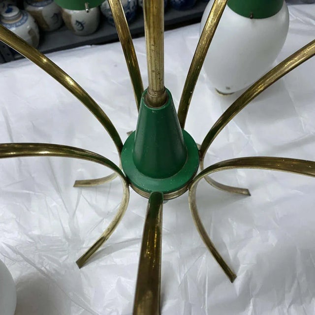 Metal 1960s Stilnovo Mid-Century Modern Brass and Glass Chandelier For Sale - Image 7 of 10