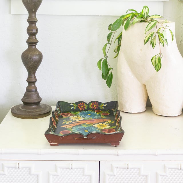 1930s Hand Painted Mexican Folk Art Tray With Polychrome Flowers and Bird For Sale - Image 12 of 16