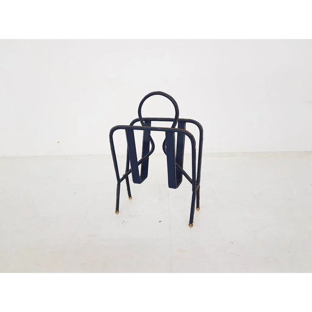 French Blue Leather Stitched Magazine Rack by Jacques Adnet, 1950s For Sale - Image 9 of 9