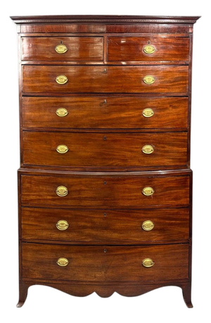 Georgian, Bow-Front Chest on Chest, Mahogany, Brass, England, 19th C.