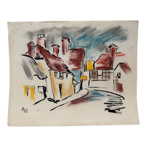 Henry Emil Salloch Original Watercolor on Paper Quaint Village Street, 1962.