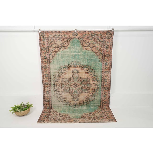 1970s Vintage Turkish Handmade Wool Cotton Green Area Rug For Sale - Image 10 of 12