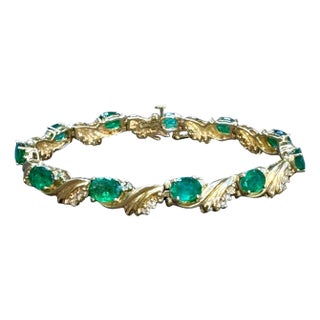 10 Carat Emerald 1.3 Carat Diamond Affordable Tennis Bracelet 14 K Yellow Gold For Sale
