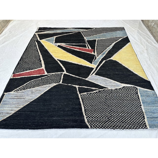 Art Deco Cubist Abstract Carpet in Carbon Black & Saffron - 8'10" X 9'10" For Sale - Image 3 of 10