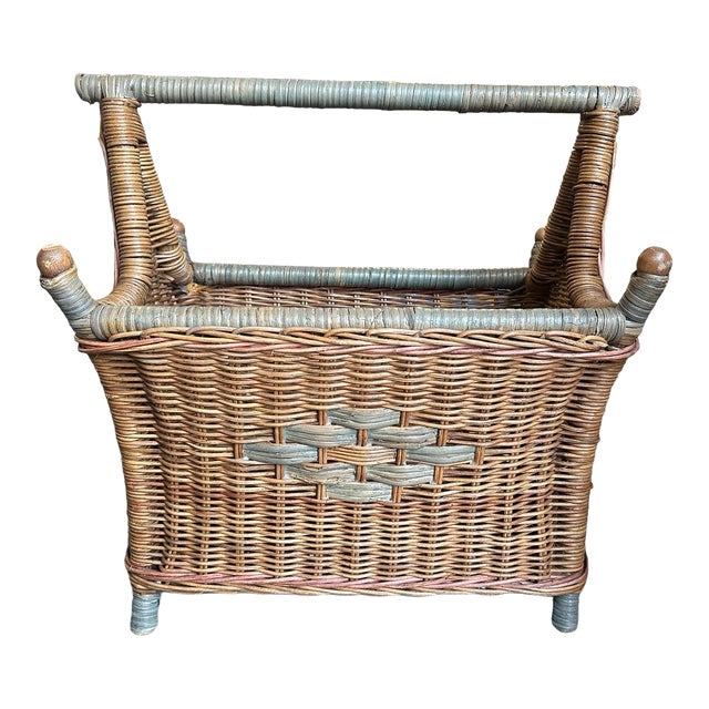 Vintage Large Wicker Magazine Blanket Basket Sage Green and Beige For Sale