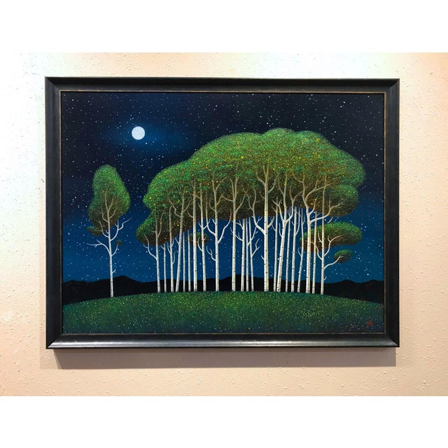 In "Emissary," a serene grove of aspen trees rises against a starry night sky, illuminated by a full moon. The vibrant...