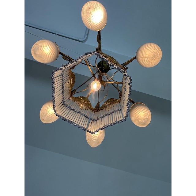 Art Deco 7-Light Chandelier in Brass and Glass, 1940s For Sale - Image 16 of 18