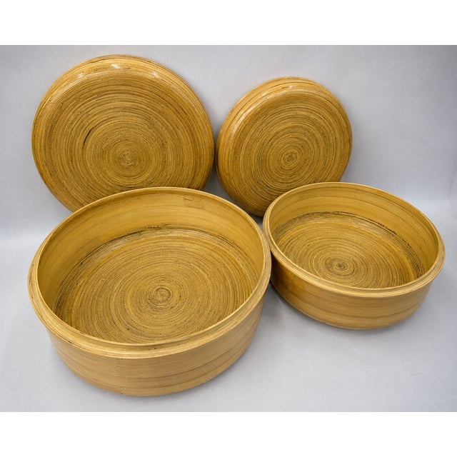 Contemporary Set of Five Oggetti Postmodern Coiled Bamboo Lidded Boxes Graduated Sizes For Sale - Image 3 of 4