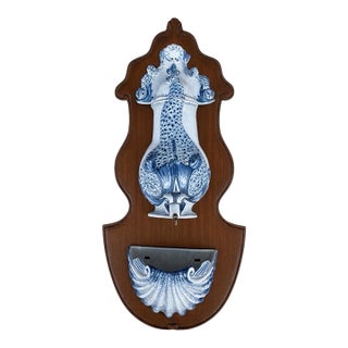 Mid-Century Italian Majolica Blue White Terracotta Grotto Dolphin Shell Lavabo Wall Fountain Planter For Sale