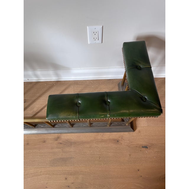 Vintage English Steel and Brass Fireplace Fender With Green Leather Tufted Seat For Sale In Philadelphia - Image 6 of 11