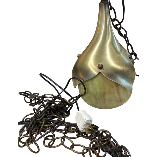 Metal Mid Century Modern Slag Glass & Aluminum 1-Light Pendant, Ca. 1940 Swag Lotus Tulip Pendant Light Fixture For Sale - Image 7 of 10