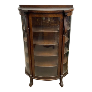 Antique Hand Carved Tiger Oak Curio Cabinet, Dark Finish, Four Shelves