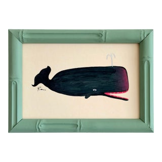 Original Hand-Painted Whale Painting in a Hand-Painted Frame For Sale