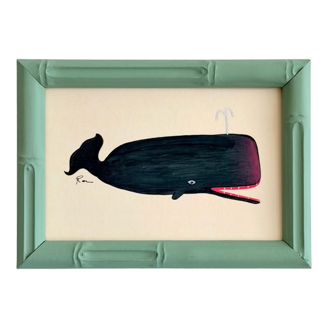 Original Hand-Painted Whale Painting in a Hand-Painted Frame For Sale