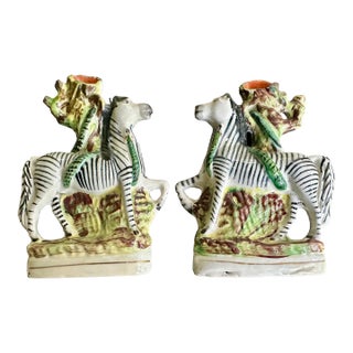 Exotic Pair Antique English Stafffordshire Zebras With Serpentines, 19th Century, For Sale