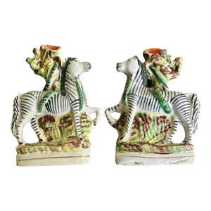 Exotic Pair Antique English Stafffordshire Zebras With Serpentines, 19th Century,