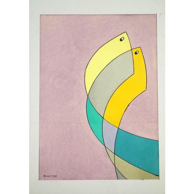 Elegant abstract work on paper, signed lower left. The composition features intertwined curved shapes in shades of yellow,...