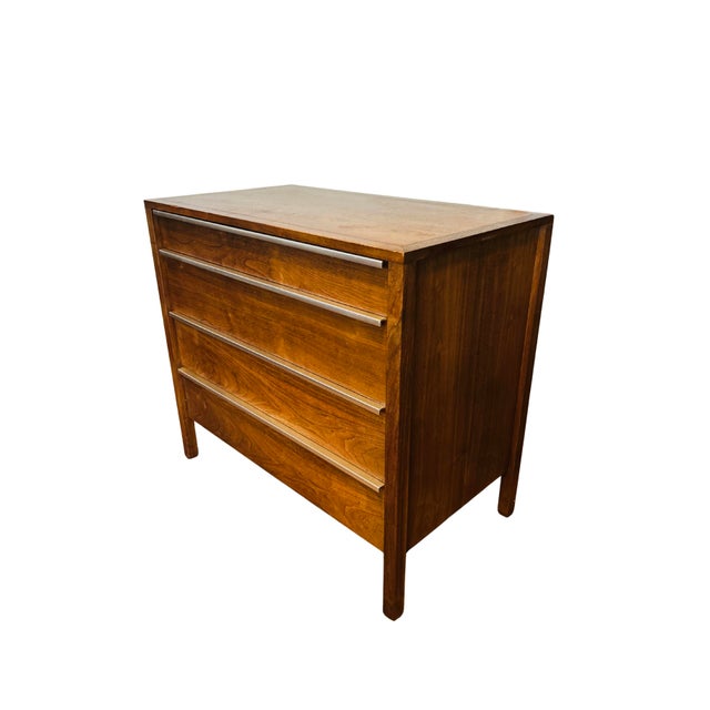 Vintage John Stuart Mid-Century Modern Walnut Four-Drawer Dresser by John Stuart – Walnut Chest With Steel Edge Pulls, Circa 1970s For Sale - Image 15 of 18