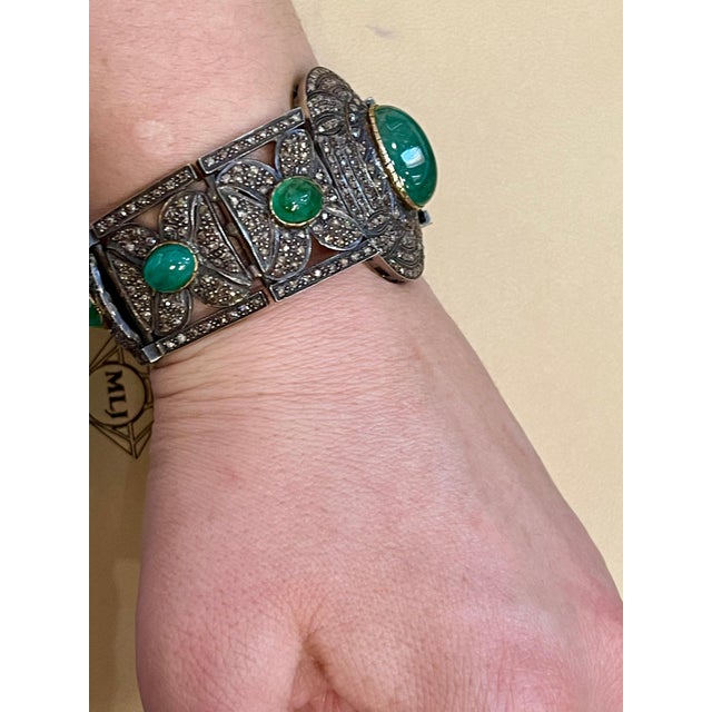 Bangle Bracelet Victorian Diamond Emerald Cabochon 14K Gold, Silver, Yellow Gold For Sale - Image 11 of 18