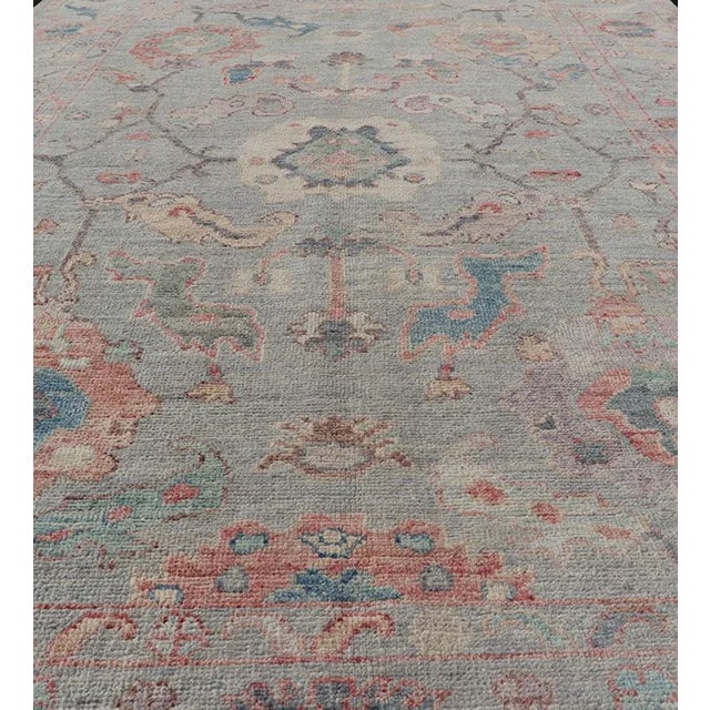 Modern All-Over Floral Oushak With a Light Blue-Gray Background and Multi-Color Rug For Sale In Atlanta - Image 6 of 13