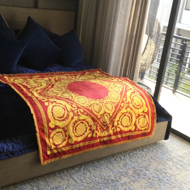 Gianni Versace Baroque Gold Red Velvet Throw Costom Made Large Size With Frindge and Velvet Lining 54 Inch For Sale - Image 12 of 12