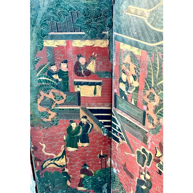 Mid 20th Century Vintage Asian Chinoiserie Four Panel Screen For Sale - Image 5 of 12