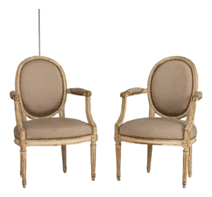 Pair of 18th C. French Louis XVI Fauteuils in Original Paint, Signed