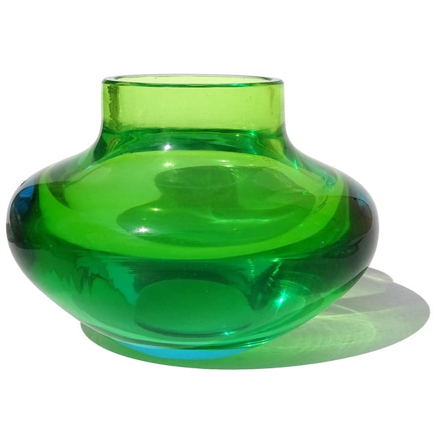 Glass Vintage Murano Cenedese Da Ros Sommerso Green Blue Italian Art Glass Spike Top Spage Age Container Jar For Sale - Image 7 of 9