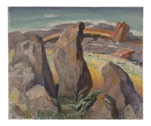 Brutalist Midcentury Painting Rocky Desert Landscape Seascape by Edmund Franklin Ward