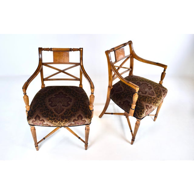 Regency Armchairs in Velvet by Thomas Hope, Burl Wood, X-Back Design For Sale - Image 4 of 13