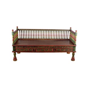 Hand Painted Carved Back Teak Wood Bench For Sale